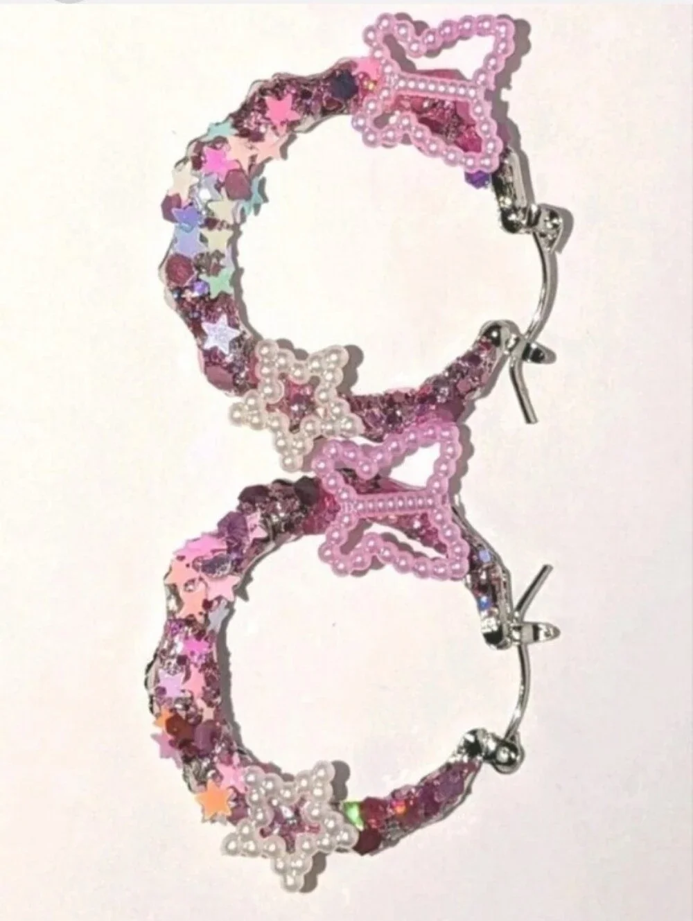 Handmade Pink Butterfly & Star Hoop Earrings - Pink Sparkle For Kids And Adults